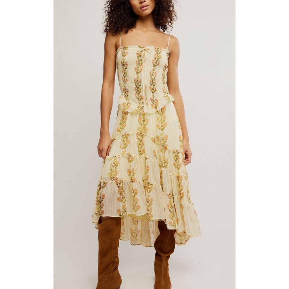 Free People Cream Floral Tiered Midi Dress